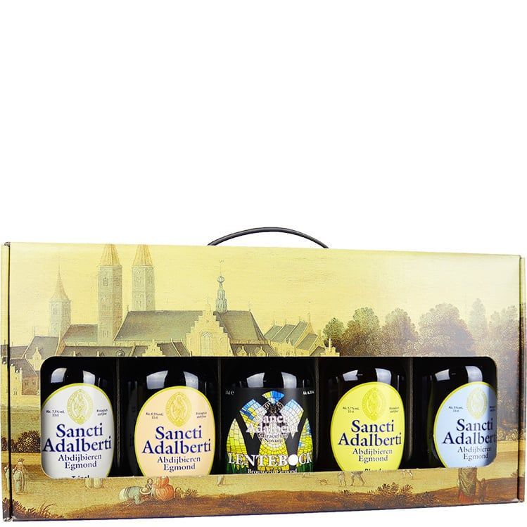 Sancti Adalberti abdijbierpakket uit Egmond met 5 flessen  bier – inclusief Lentebock en biologische abdijbieren in doos