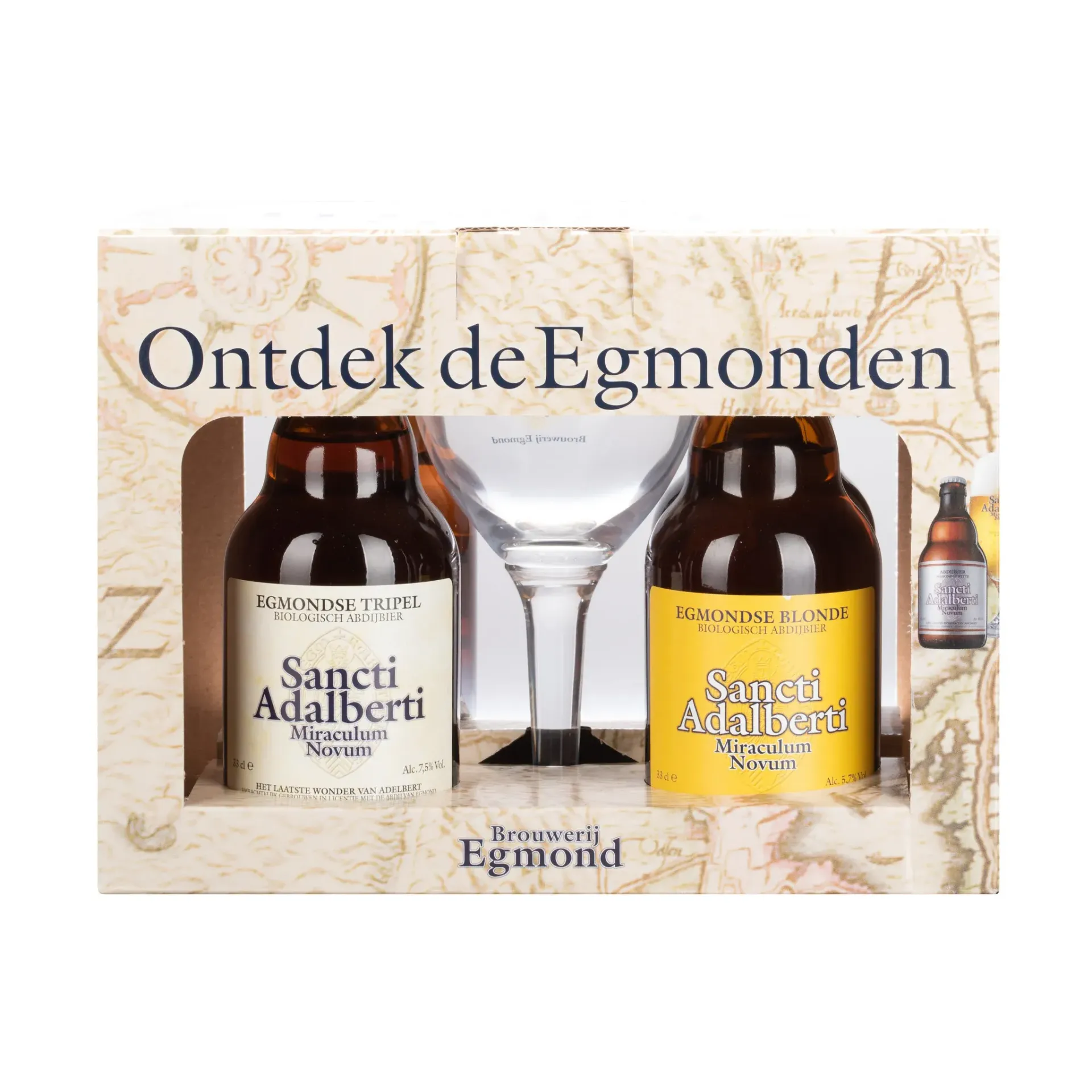 Sancti Adalberti bier pakket van Brouwerij Egmond met Tripel bier, Blonde bier en glas – biologisch abdijbier uit Egmond