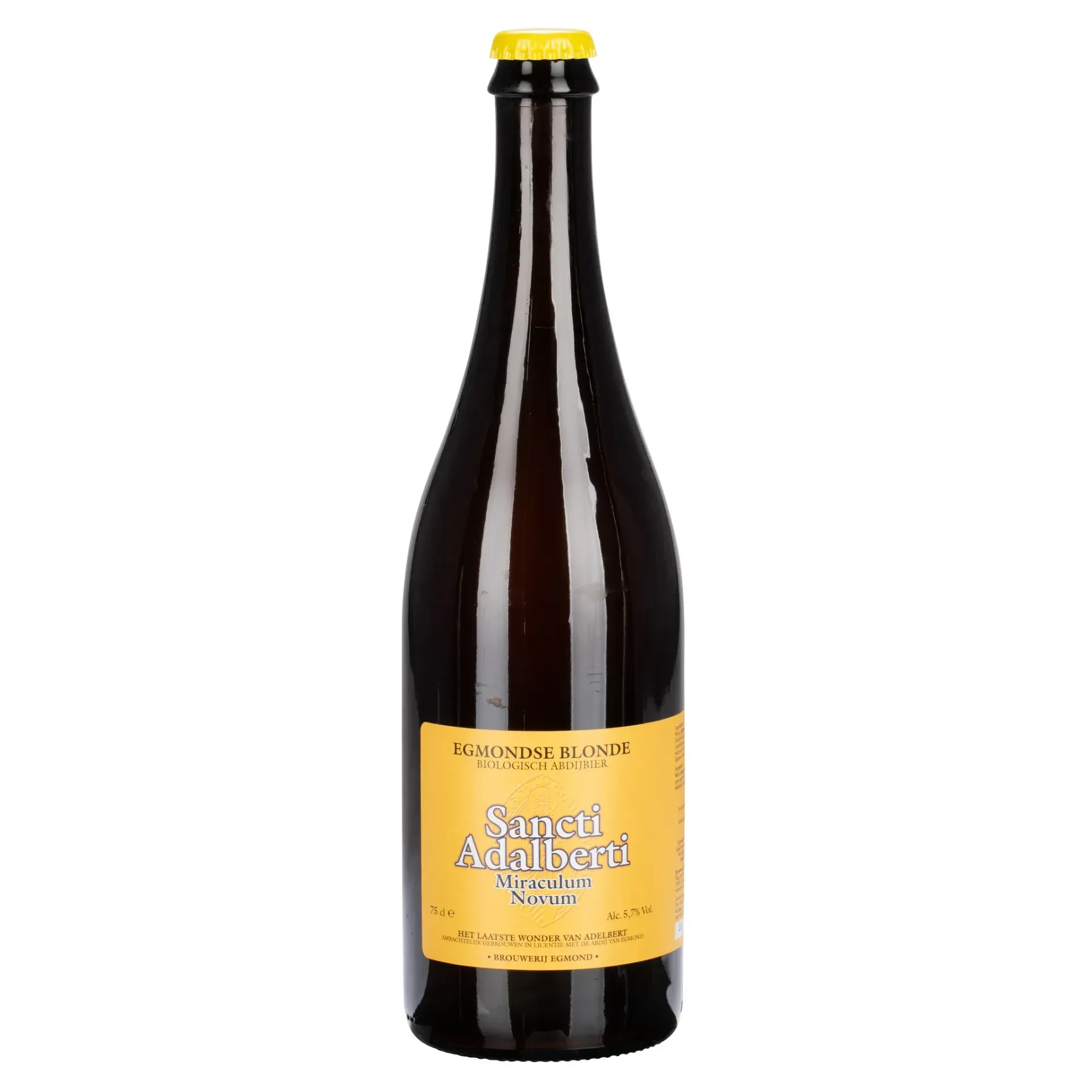 Grote fles Sancti Adalberti van Brouwerij Egmond. Blond bier met biologische gist en spirituele oorsprong uit de abdij.