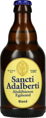 Fles Sancti Adalberti blond bier van Abdijbieren Egmond,  5,7% alcohol, 33cl, biologisch abdijbier.