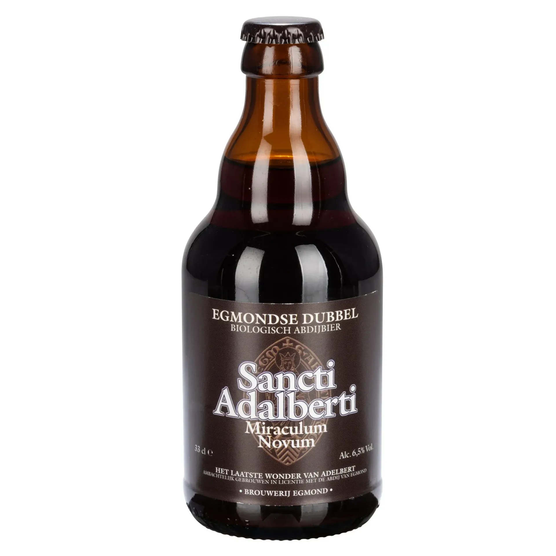 Bruine bier fles van Sancti Adalberti Egmondse Dubbel bier met bruin etiket en witte opdruk “Miraculum Novum abdijbier”