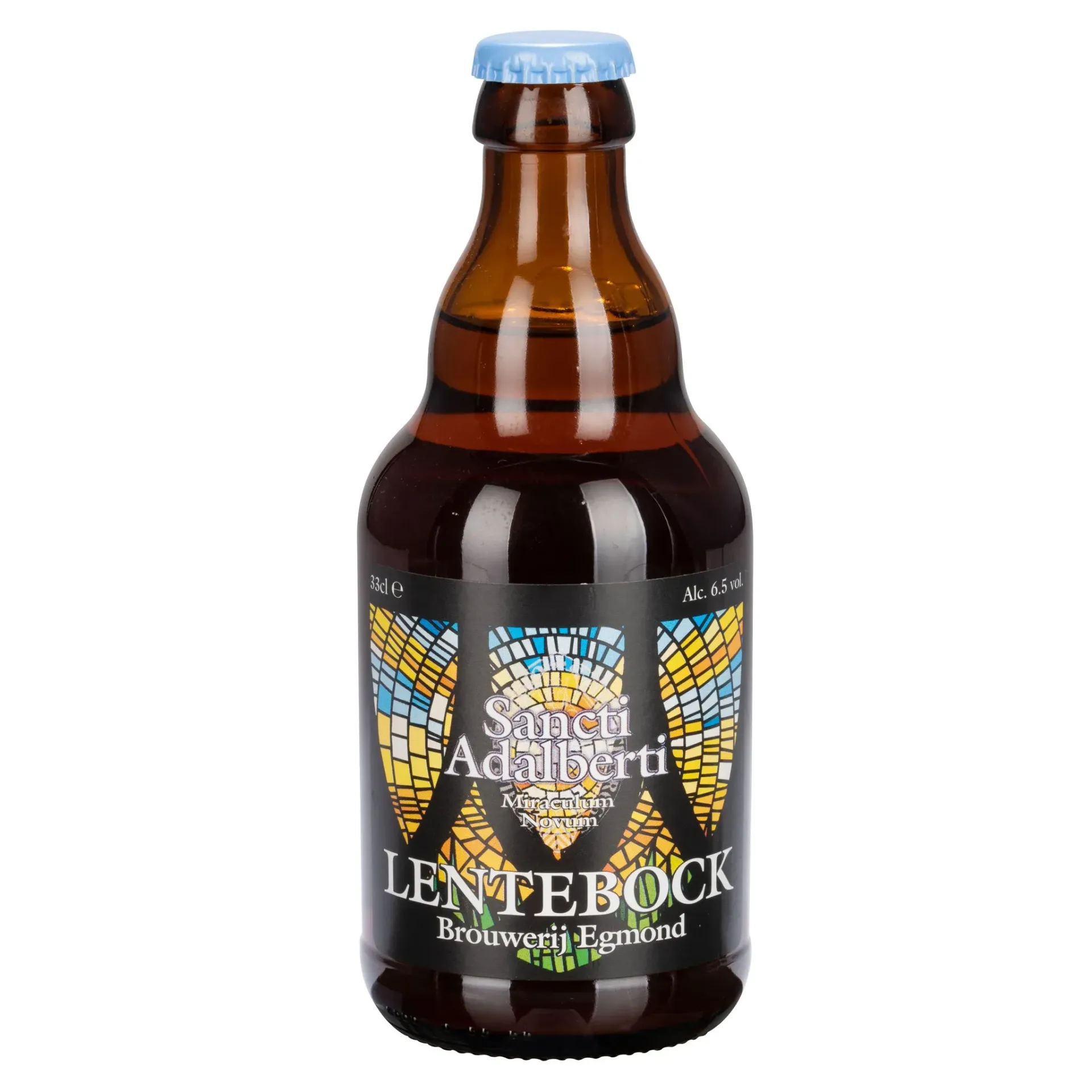 Sancti Adalberti Lentebock bier van Brouwerij Egmond in bier fles met glas-in-lood etiket – fris abdijbier voor het voorjaar