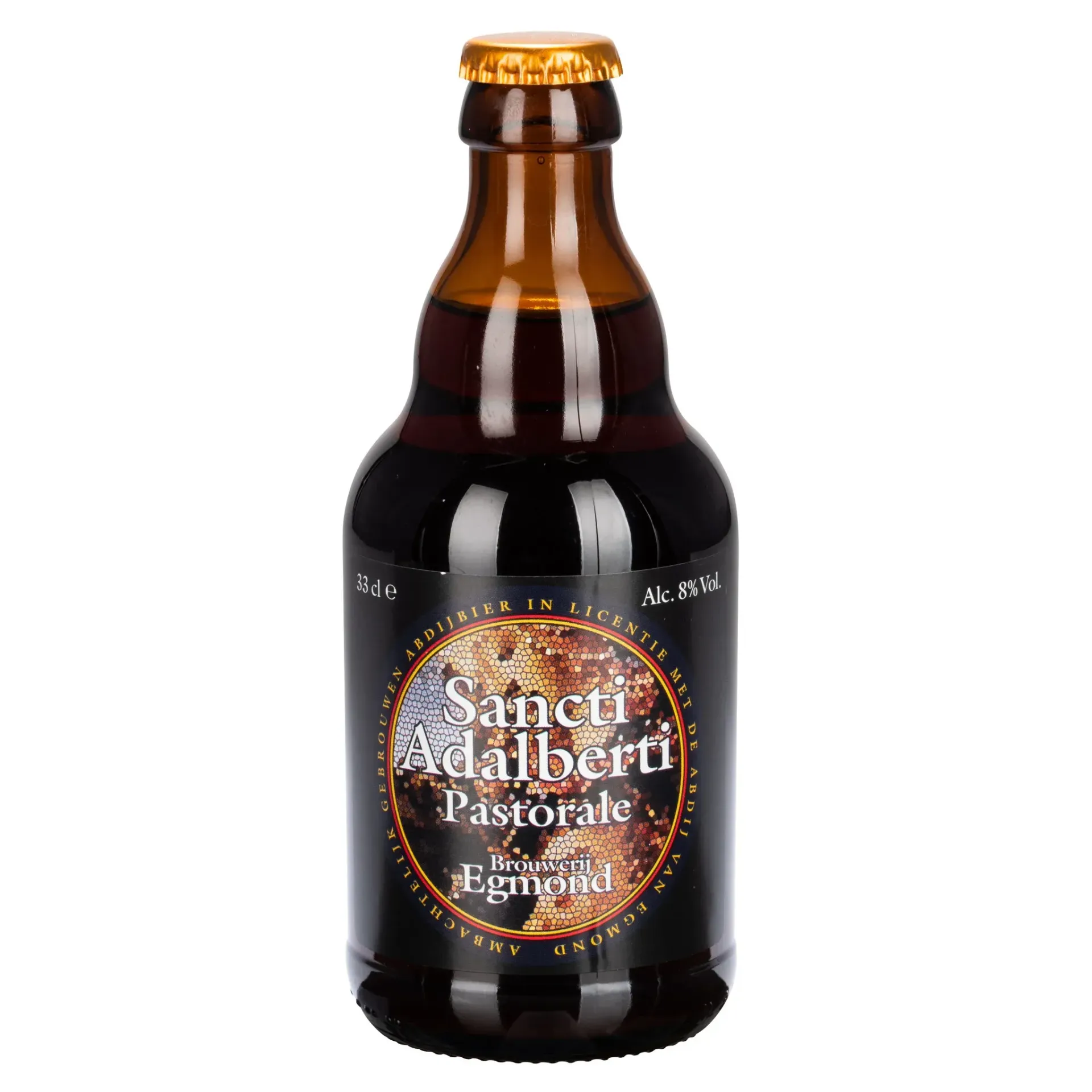Donkere abdijfles bier van Sancti Adalberti Pastorale van Brouwerij Egmond. Volmoutig en kruidig abdijbier. Authentiek bier.