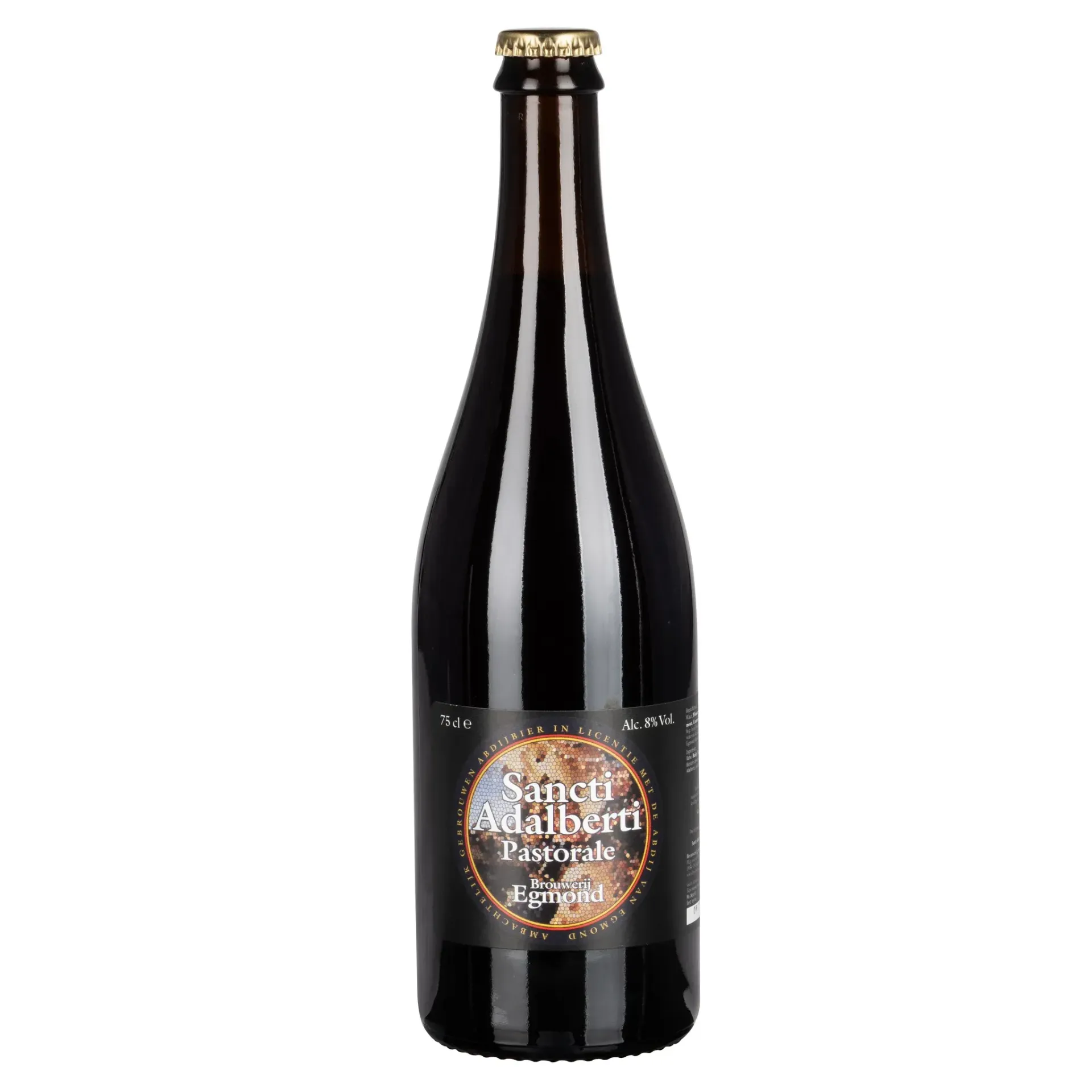 Sancti Adalberti bier van Brouwerij Egmond – donker abdijbier in hoge bier fles met zwart etiket en koperkleurig detail.