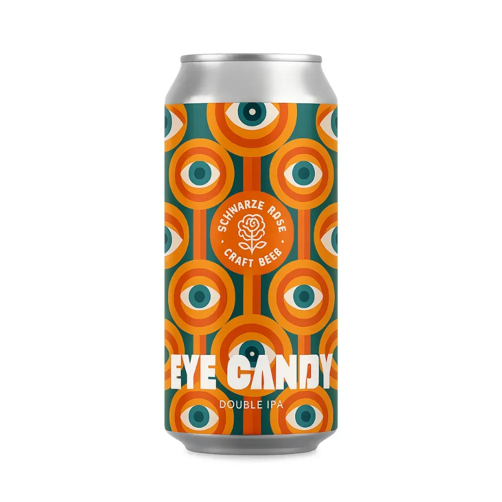 Blikje double IPA bier van Schwarze Rose met retro patroon van oranje en groene ogen en de tekst Eye Candy op het etiket