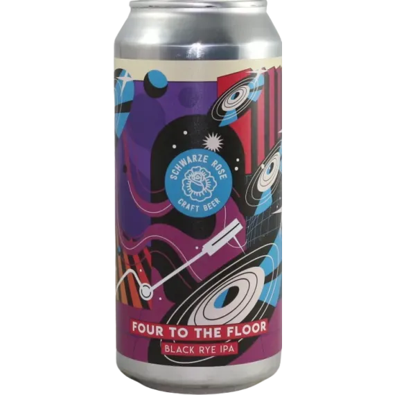 Kleurrijk bier blik van Schwarze Rose met draaitafels en vinyl, Black Rye IPA bier met funky uitstraling en muzikale knipoog