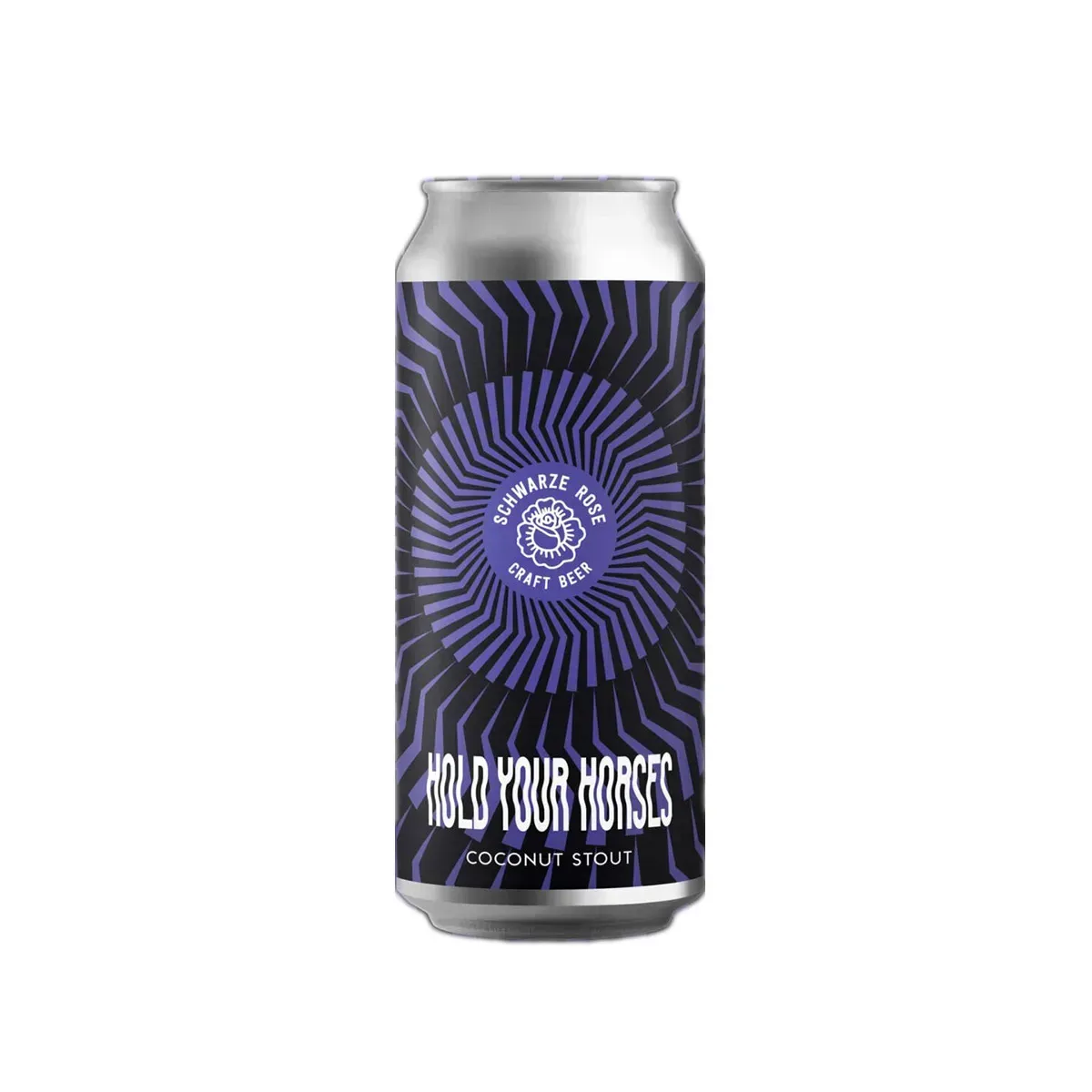 Blik Hold Your Horses bier van Schwarze Rose, coconut stout met paars-zwarte spiraal en modern design