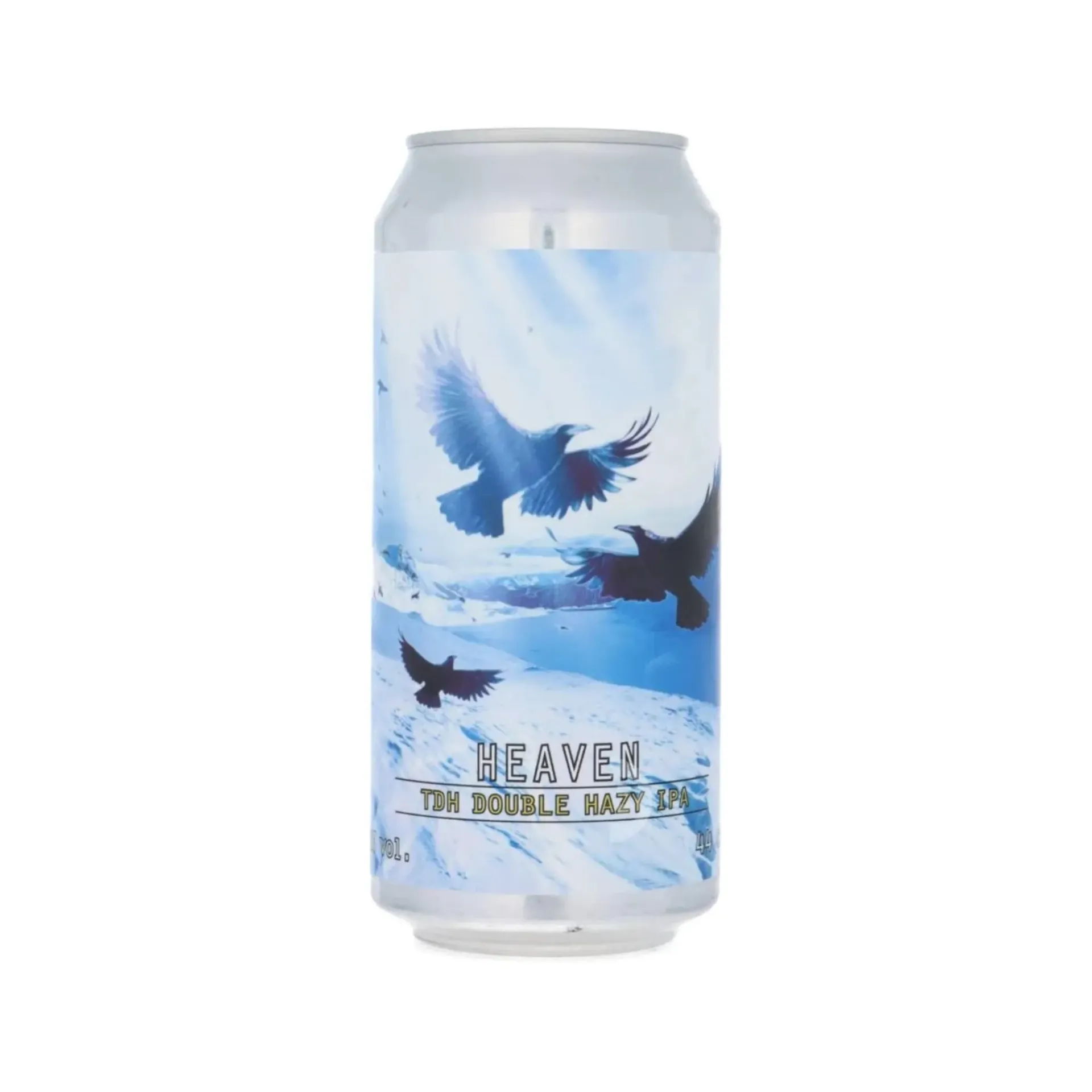 Lichtblauw bier blik met raven boven een besneeuwd berglandschap – Heaven is een TDH Double Hazy IPA bier.
