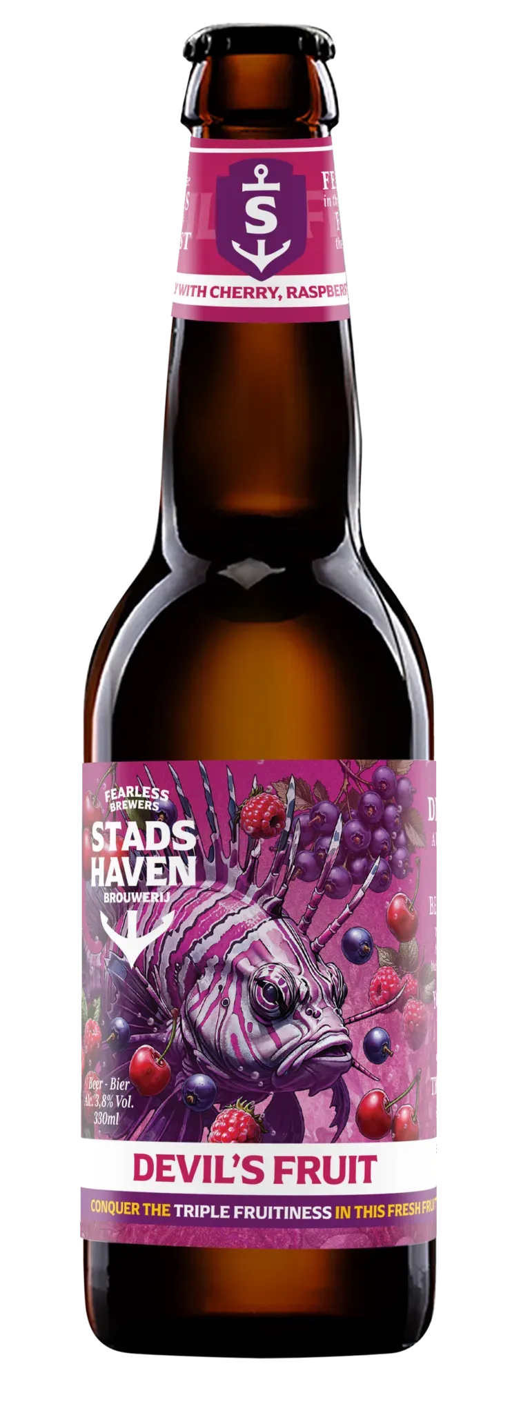 Devil’s Fruit bier fles van Stadshaven met kleurrijk etiket vol bessen, kersen en een exotische vis, opvallend fruit bier