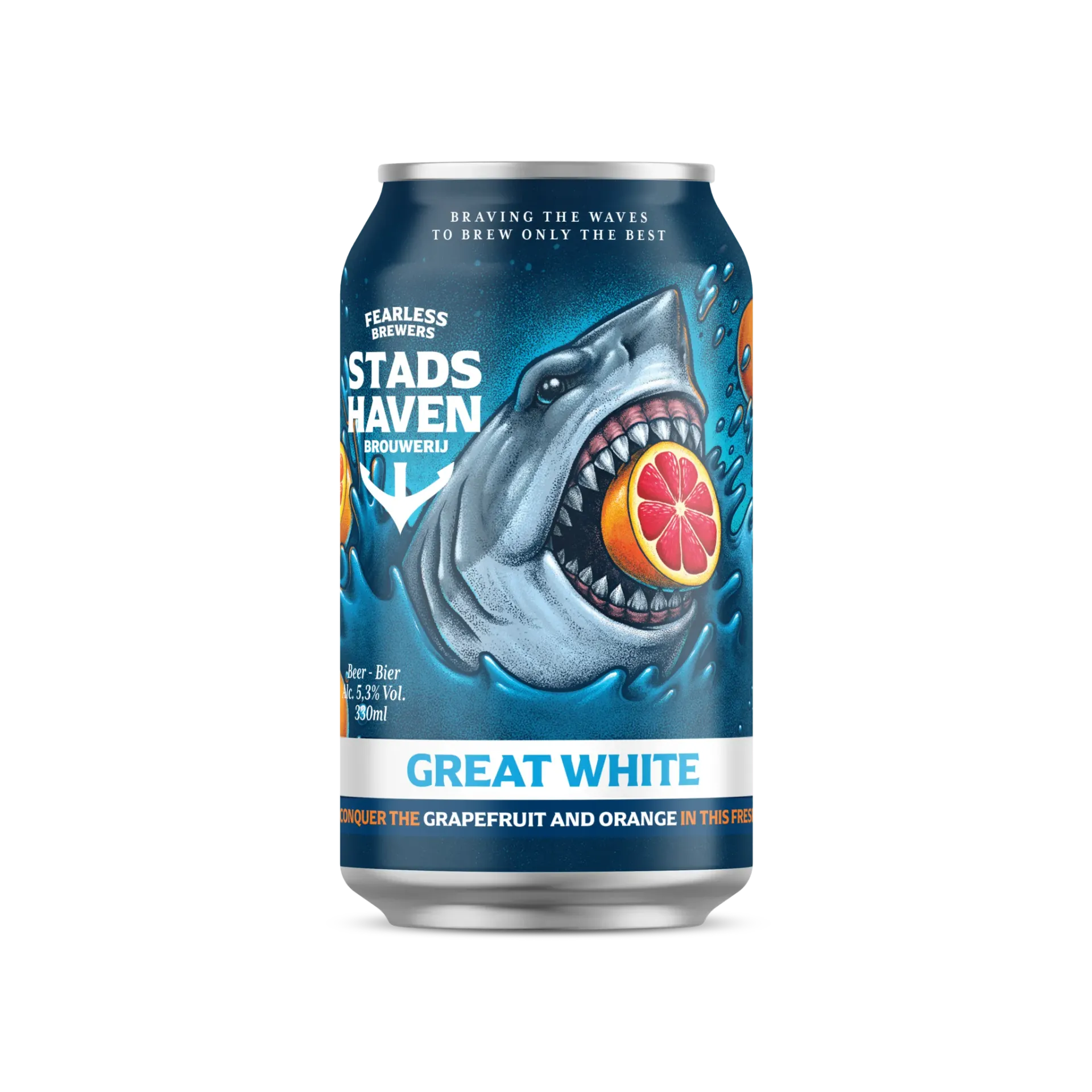 Great White witbier van Stadshaven met haai en citrusfruit op blauw blik, 5,3% alcohol, grapefruit en sinaasappel