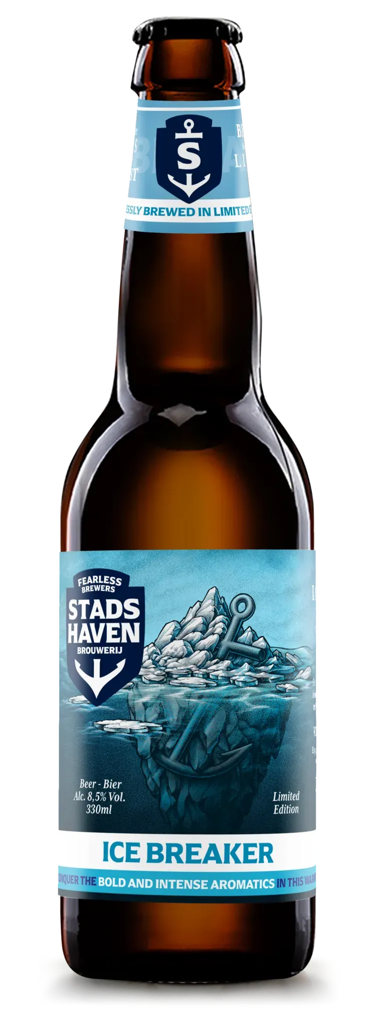 Bruine fles bier van Stadshaven met ijsberg en anker op het label. Ice Breaker is krachtig, kruidig en aromatisch bier.