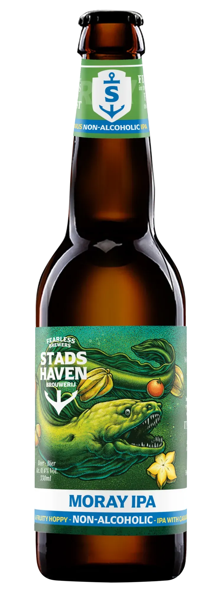 Fles Moray IPA 0.4% bier van Stadshaven met felgroen etiket en murene, alcoholvrij bier met fruitige hop en kruidige twist