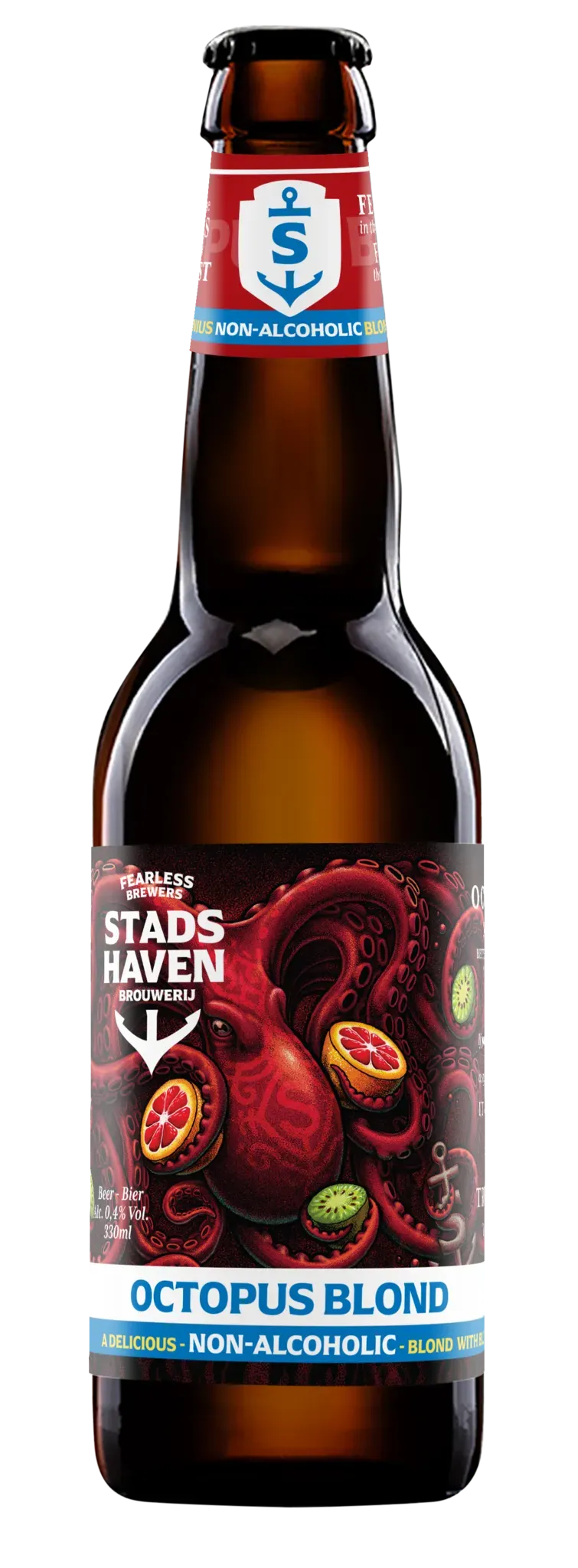 Fles Octopus Blond 0.4% bier van Stadshaven met rood octopuslabel, alcoholvrij blond bier met bloedsinaasappel en kiwi