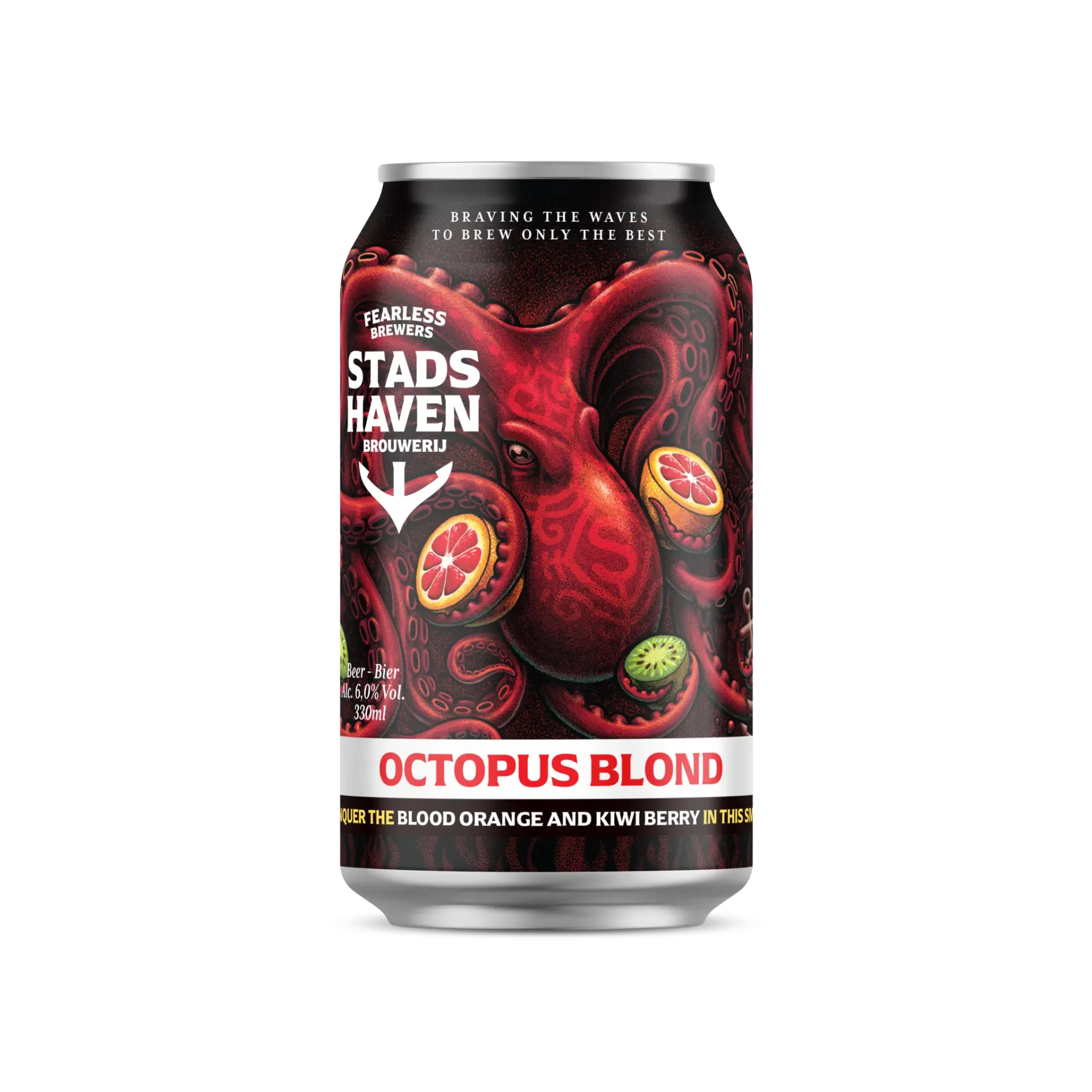 Octopus Blond bier in blik met rode octopus en fruitillustraties. Gebrouwen in Rotterdam.