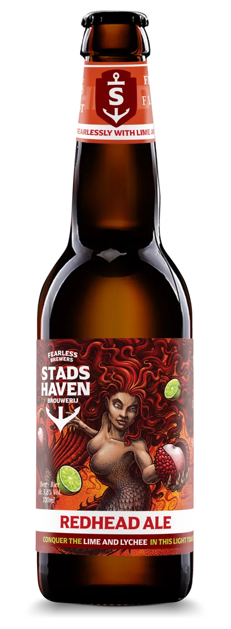Redhead Ale bier van Stadshaven – fruitige ale met limoen en lychee in bier fles met zeemeermin en vurige rode illustratie.