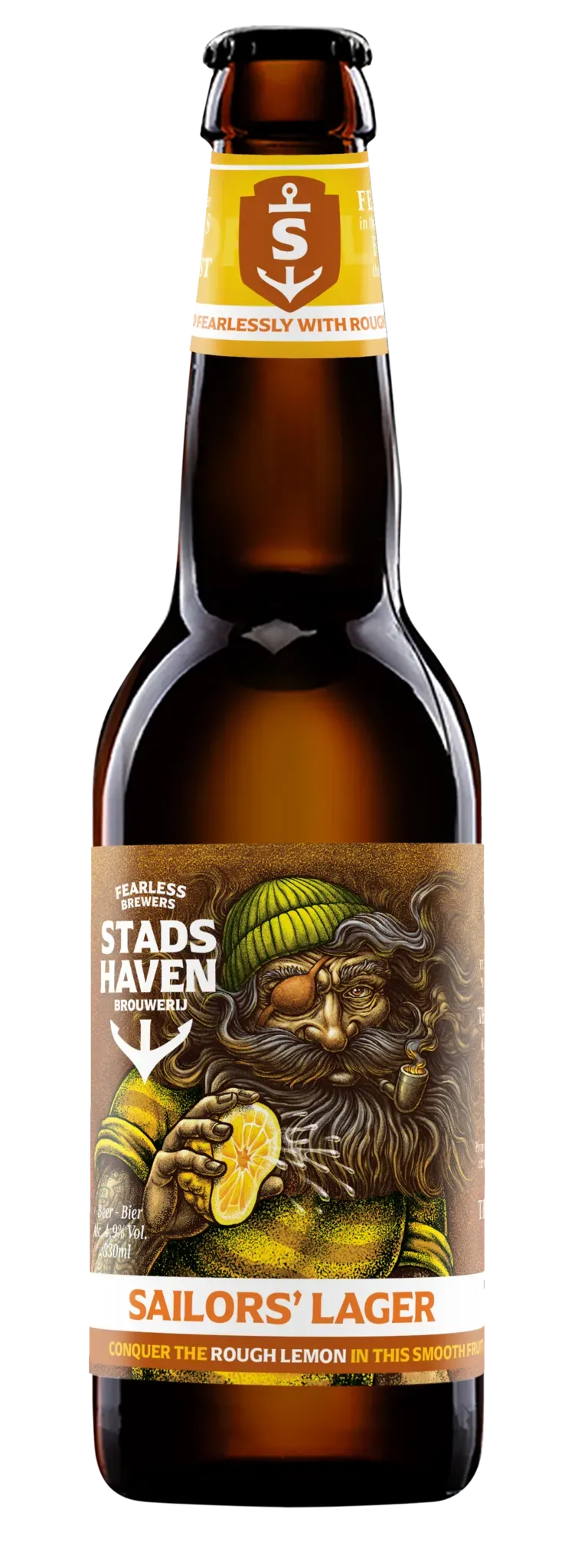 Fles Sailors’ Lager bier van Stadsbrouwerij Stadshaven, 4,9% alcohol, met illustratie van zeeman met citroen op etiket.