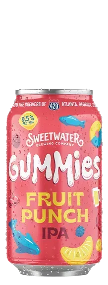 Roze bierblik met fruit en snoepillustraties, Sweetwater Gummies Fruit Punch IPA van 9,5 procent alcohol