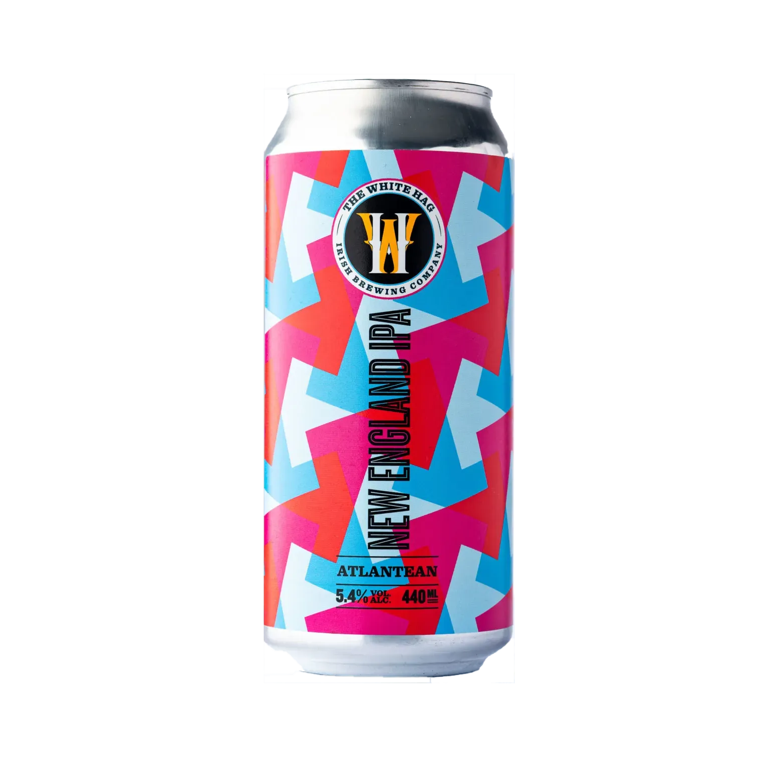 Kleurrijk blik Atlantean bier van The White Hag met grafisch patroon, New England IPA vol fruitige hop en zachte bier stijl.