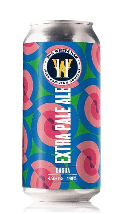 Dagda Extra Pale Ale bier van The White Hag in blauwgroen bier blik met roze patronen – fris en hoppig Iers speciaalbier