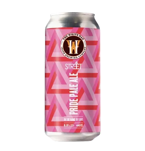 Pride Pale Ale bier van The White Hag in roze designblik met driehoeken – fris en hoppig bier met liefde gebrouwen