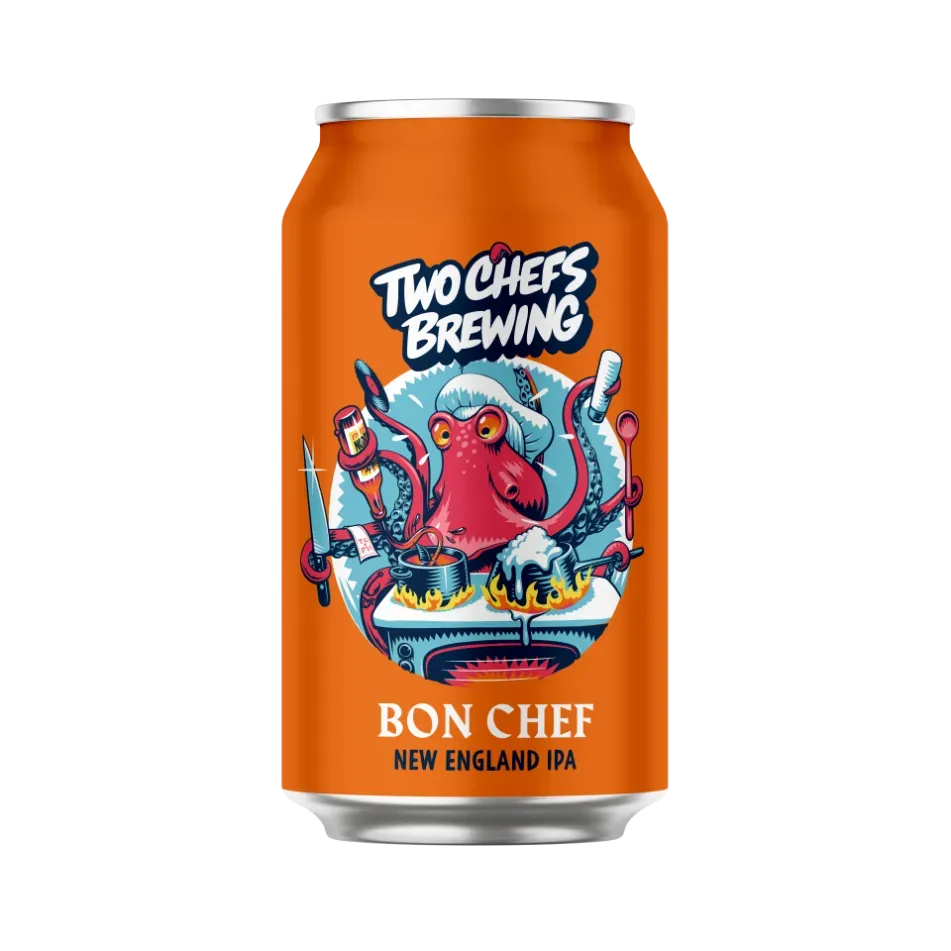 Blikje New England IPA bier van Two Chefs Brewing met feloranje achtergrond en cartoonachtige octopus-kok op het etiket