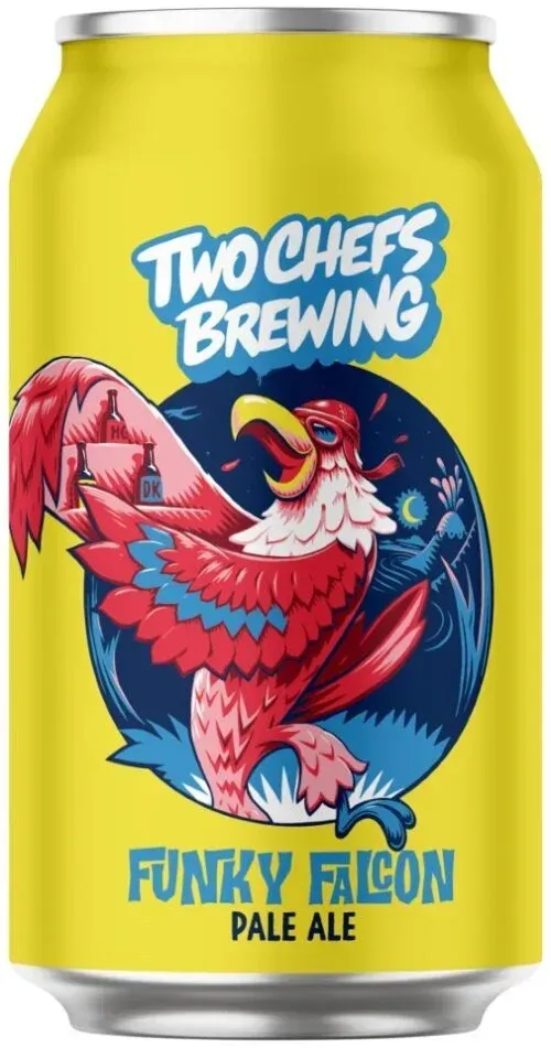 Funky Falcon Pale Ale bier van Two Chefs Brewing in geel bier blik met kleurrijke valkillustratie – fris hoppig speciaalbier