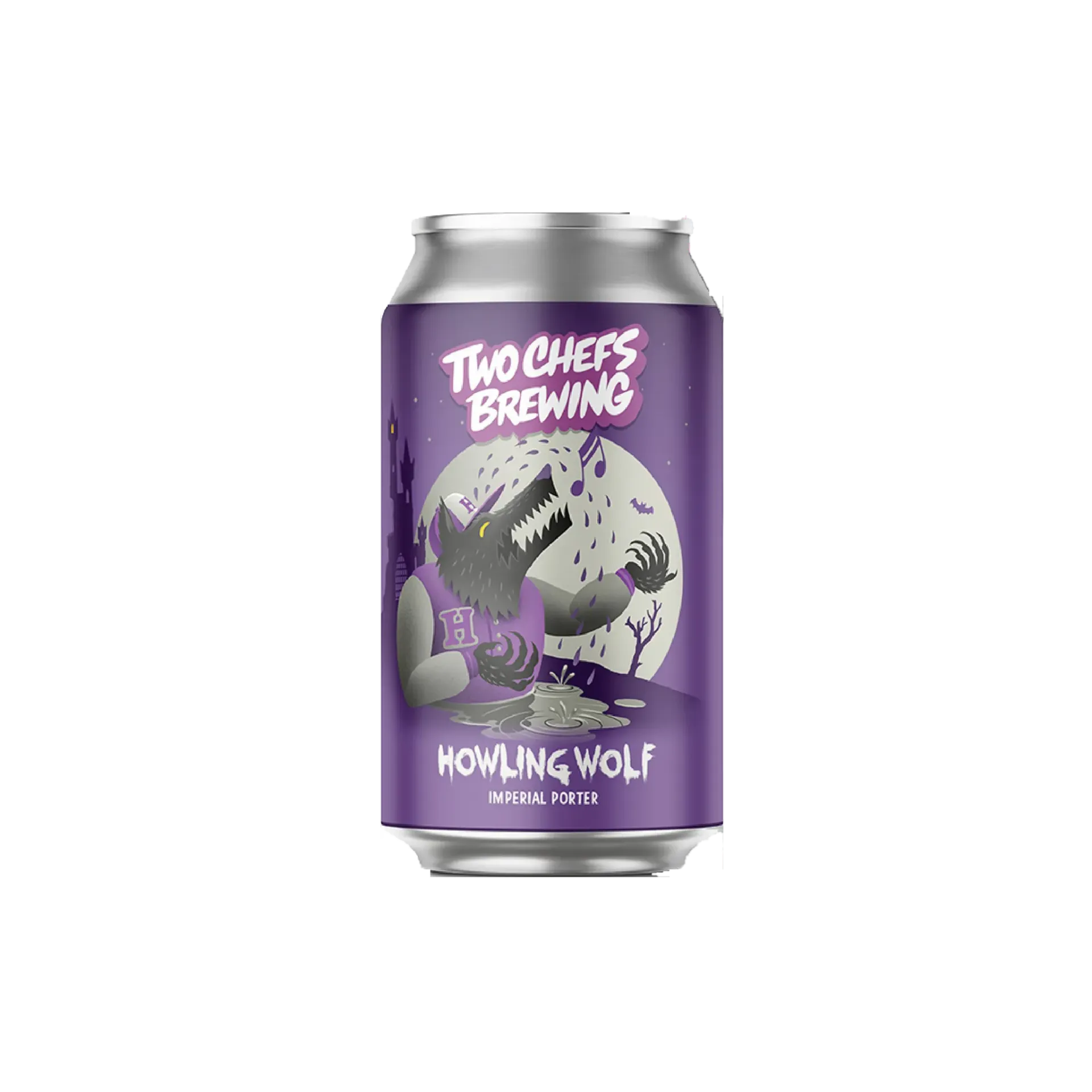 Blik Howling Wolf bier van Two Chefs Brewing, paarse imperial porter met illustratie van een zingende weerwolf