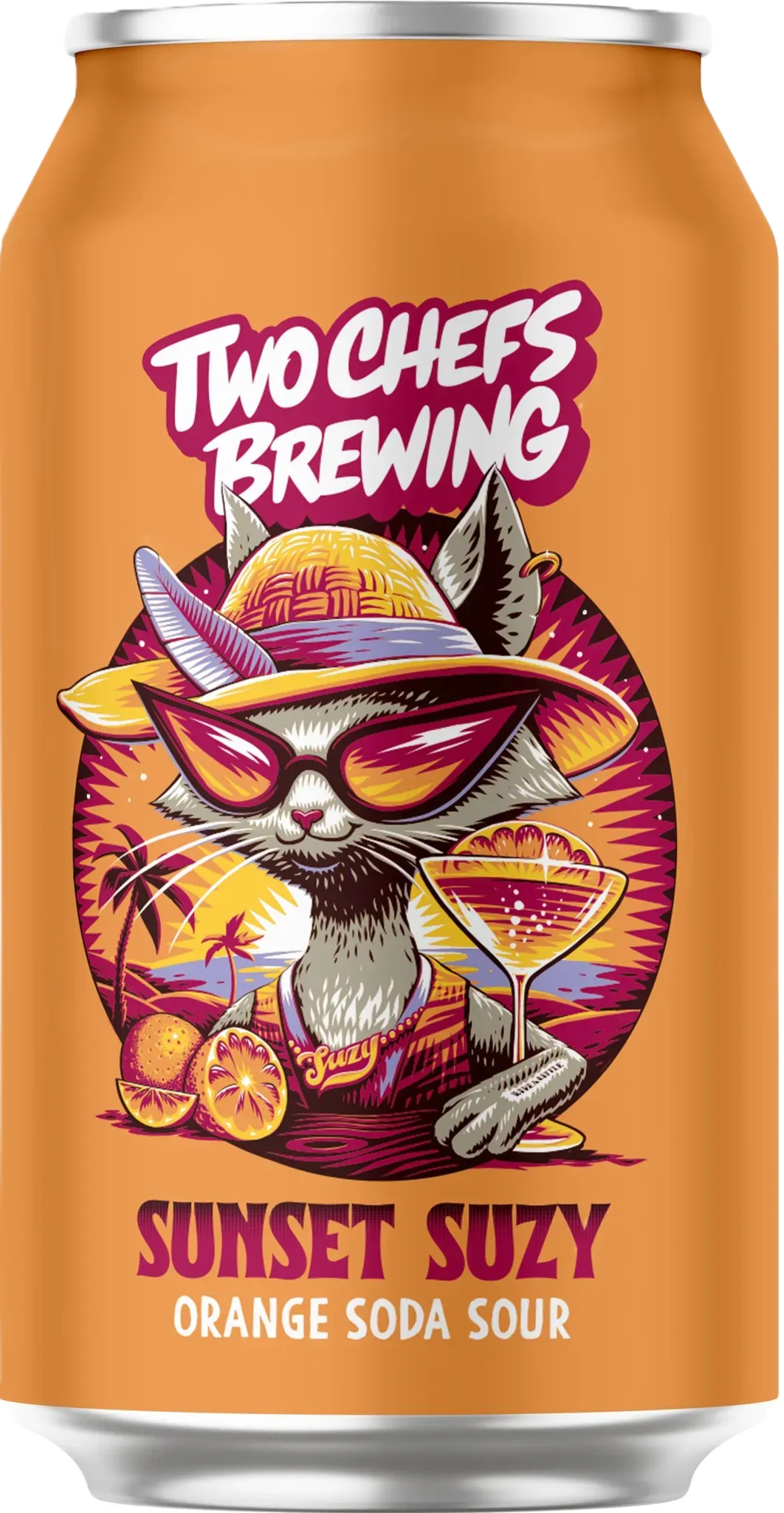 Oranje blik Sunset Suzy sour bier van Two Chefs Brewing met zomerse kat en sinaasappels, fris en fruitig speciaalbier