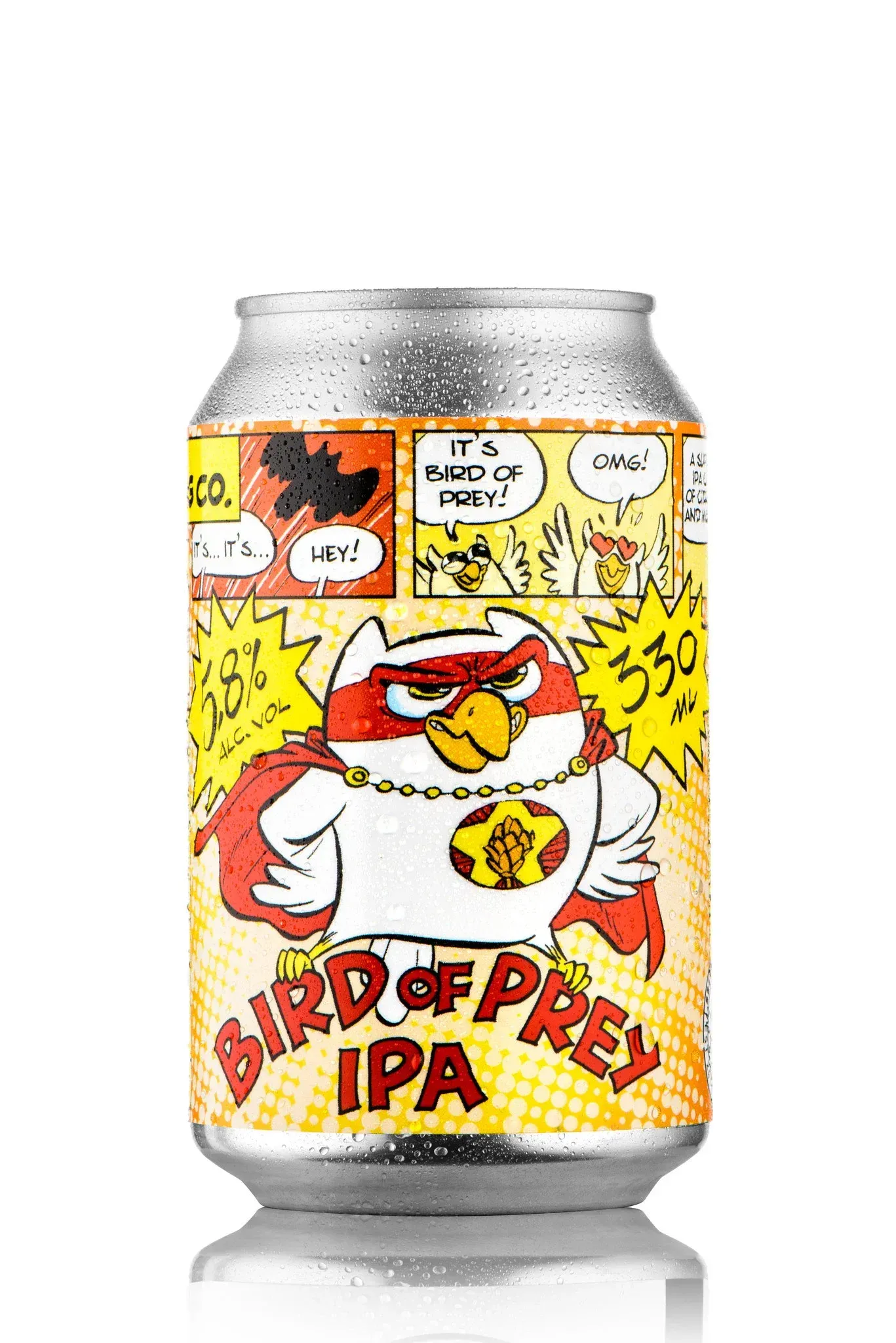 Blik Bird of Prey IPA bier van Uiltje met stripverpakking vol superheldenstijl, tropisch hoppig bier met 5,8% alcohol