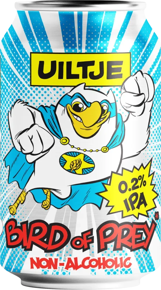 Blik Uiltje Bird of Prey bier met stripstijl design, alcoholvrij bier (0,2%) met uil-superheld op de voorkant