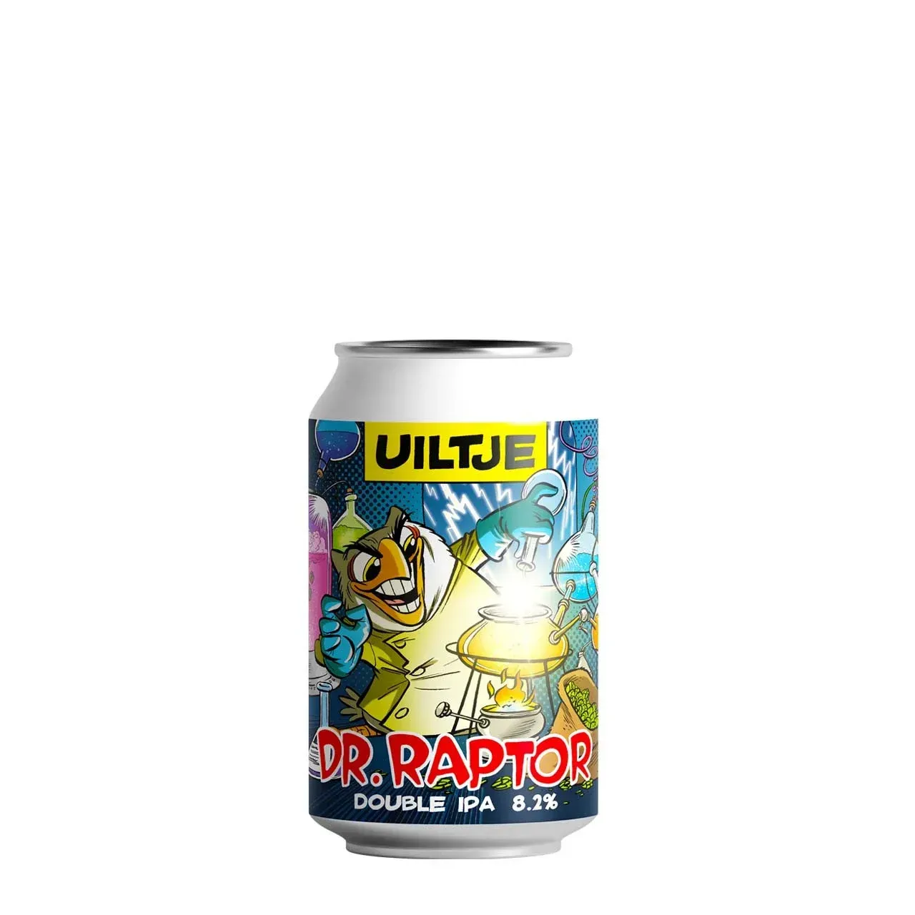 Blik Dr. Raptor Double IPA bier van Uiltje met stripverpakking vol actie, krachtig bier met 8,2% alcohol en volle hopbom