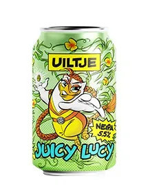 Groen blik Juicy Lucy bier van Uiltje met stripstijl-uil, NEIPA bier met 5,5% alcohol en speelse bieruitstraling.