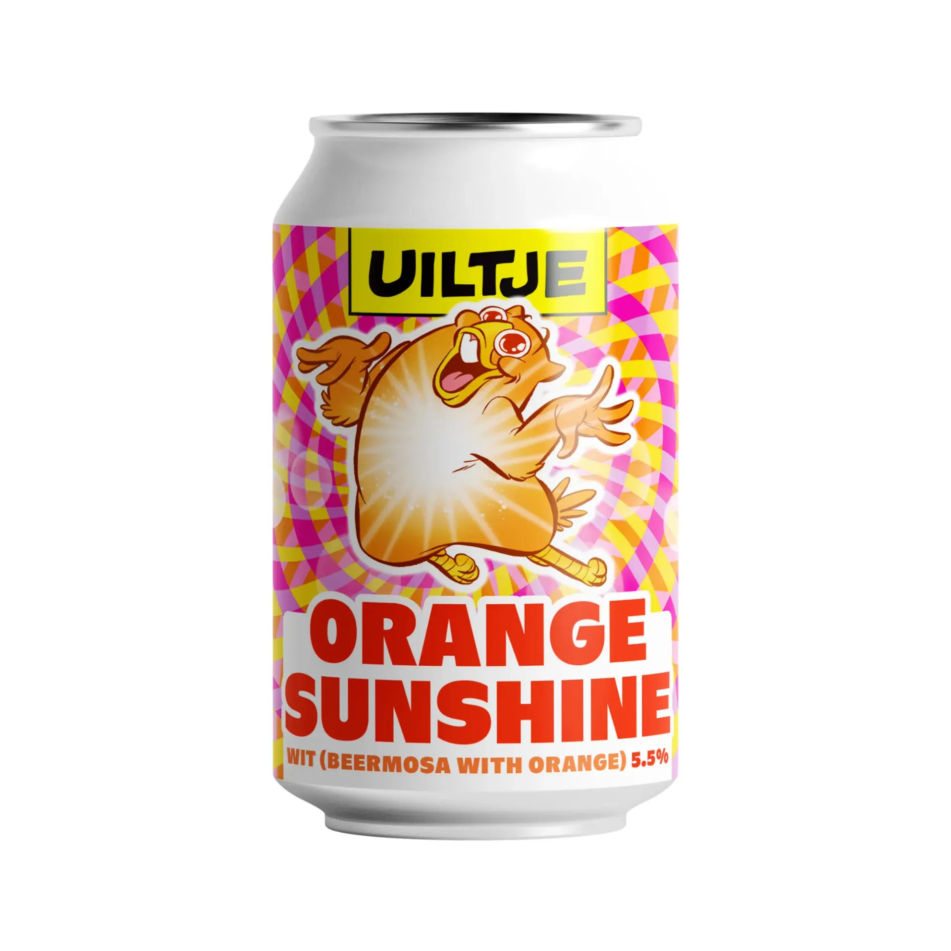 Knalgeel witbierblik van Uiltje met psychedelisch ontwerp en schreeuwende vogel. Fruitig bier met sinaasappel.