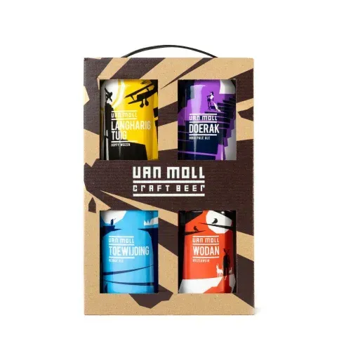 Van Moll bier pakket met 4 blikken – Langharig Tuig, Doerak, Toewijding en Wodan bier in camo kartonnen geschenkdoos