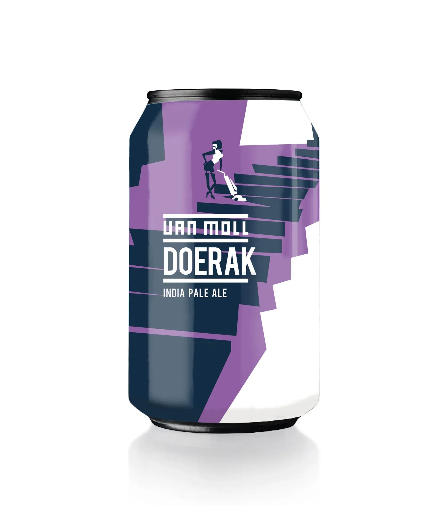 Modern vormgegeven bier blik van Van Moll met paarse trap en vrouw met stofzuiger, India Pale Ale bier met grafische stijl
