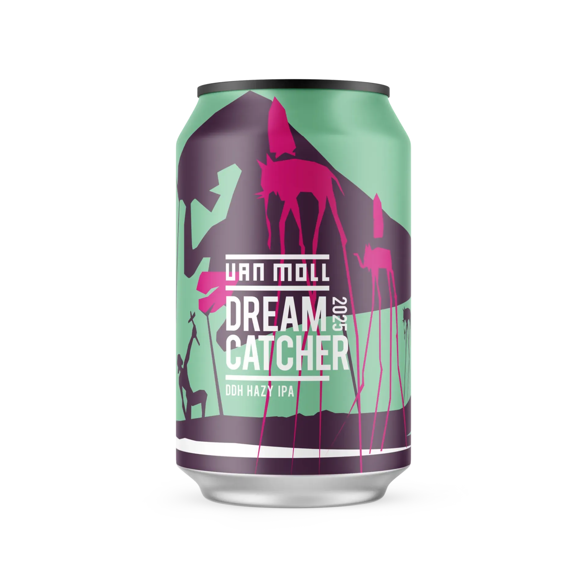 Pastelkleurig bier blik met surrealistische figuren en lange schaduwen – Dream Catcher is een DDH Hazy IPA bier.