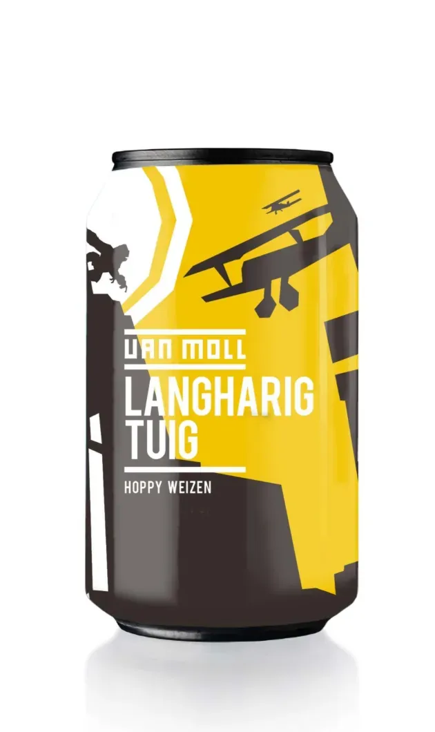 Blikje bier met felgele en zwarte opdruk, Van Moll Langharig Tuig Hoppy Weizen bier