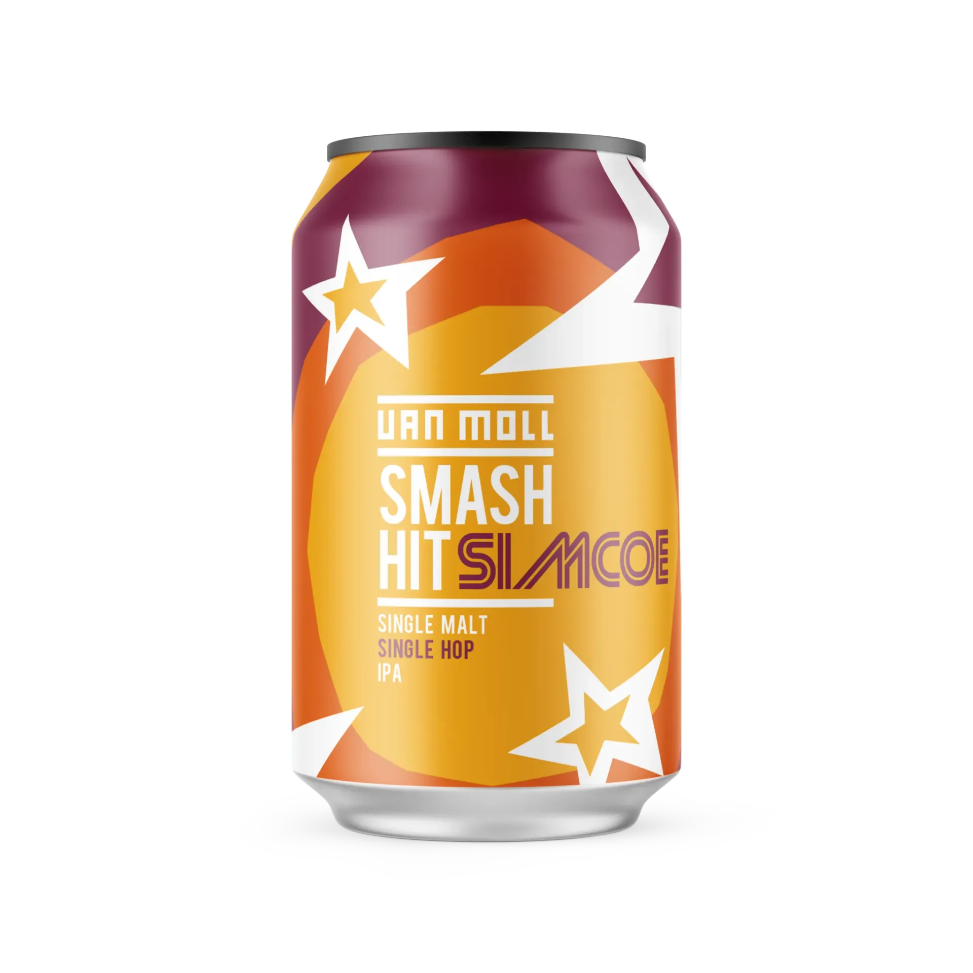 Oranje bier blik van Van Moll met witte sterren en retroletters, Smash IPA bier met single hop en opvallend speels ontwerp