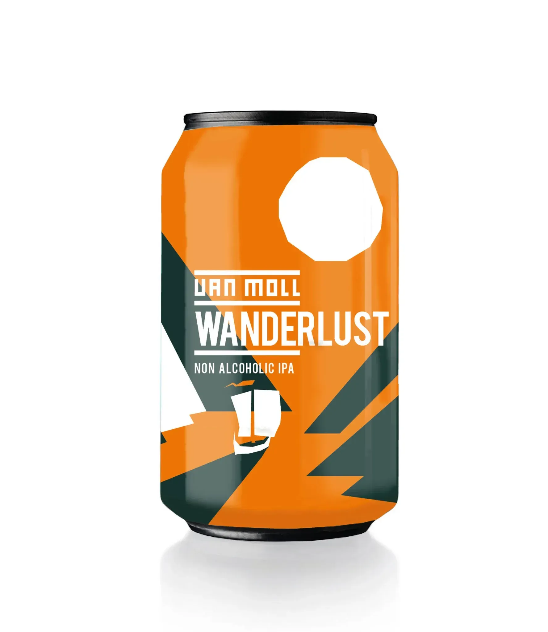 Blik Wanderlust Non Alcoholic IPA bier van Van Moll met oranje-zwart ontwerp, alcoholvrij bier met een frisse bittere kick