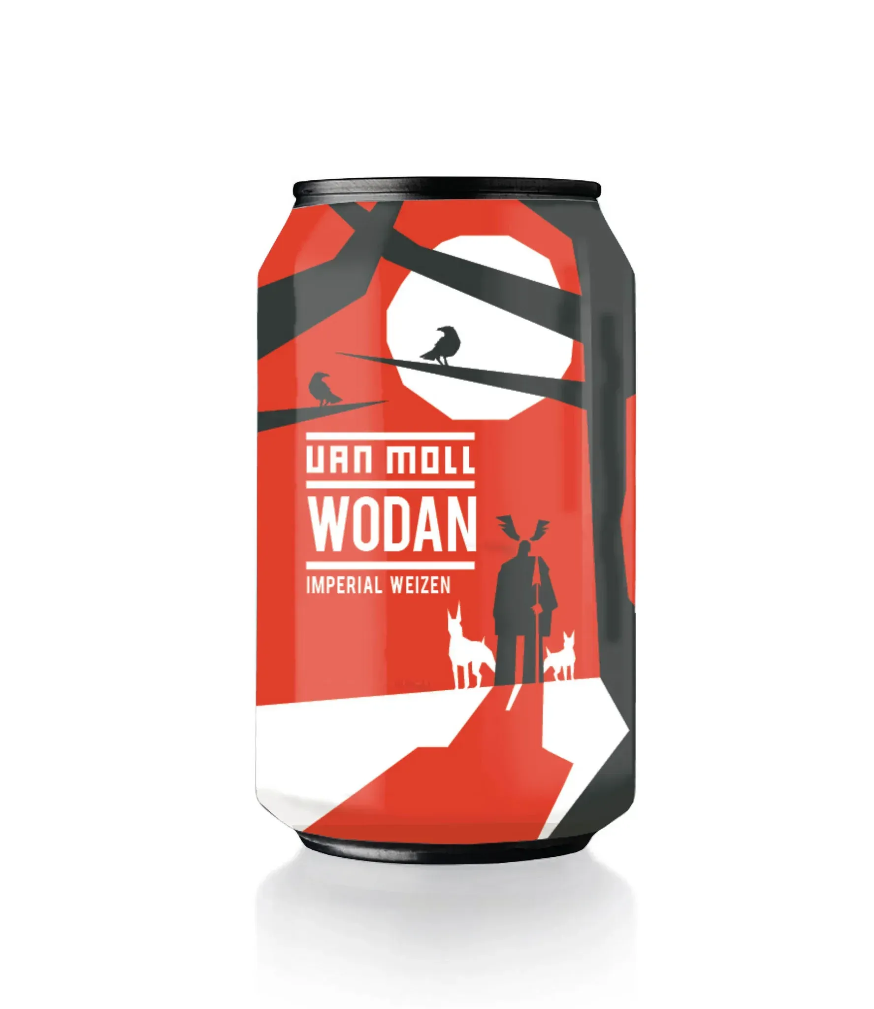 Wodan bier van Van Moll – krachtige imperial weizen in rood met zwart blik met grafische figuur, honden en kraaien.