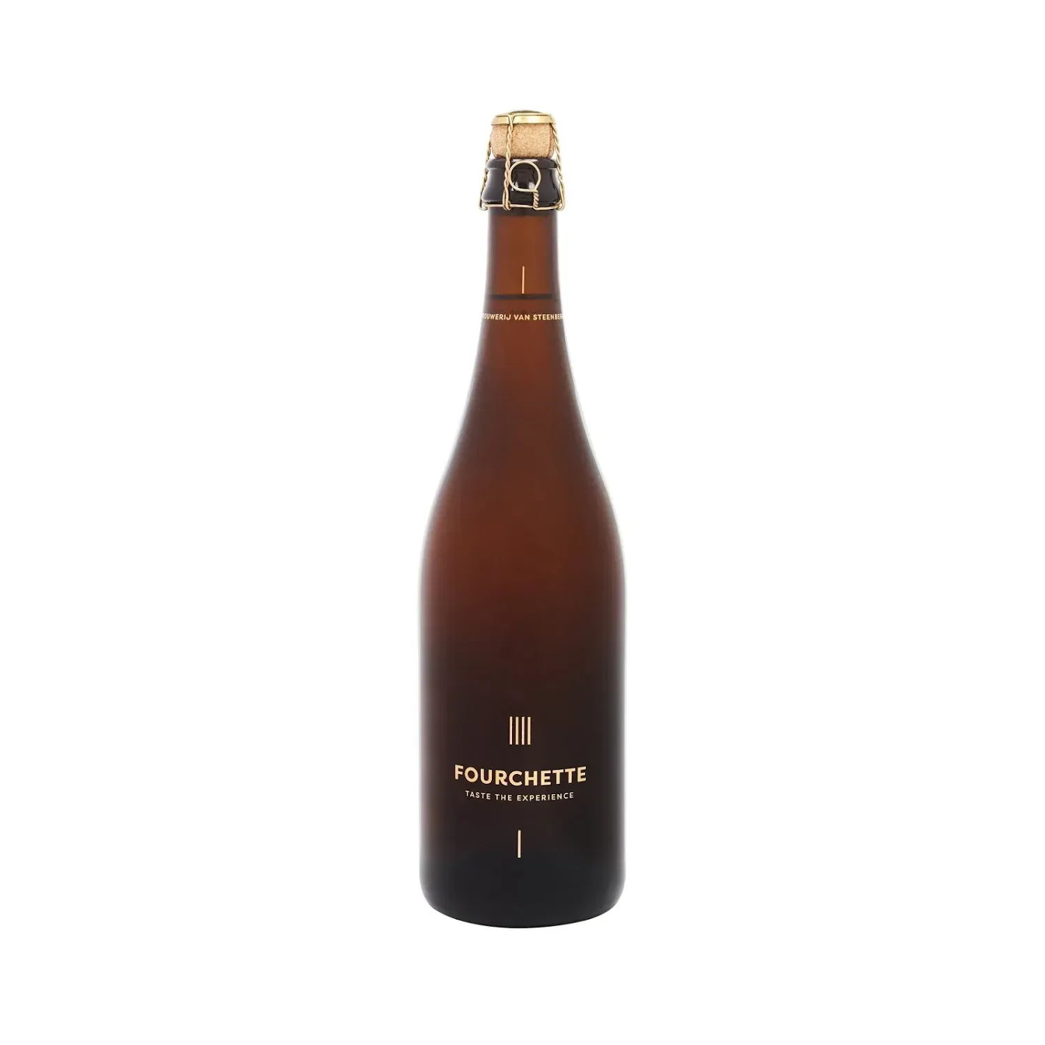Matbruine fles tripel bier van Fourchette met gouden opdruk en champagnekurk, elegant en modern vormgegeven