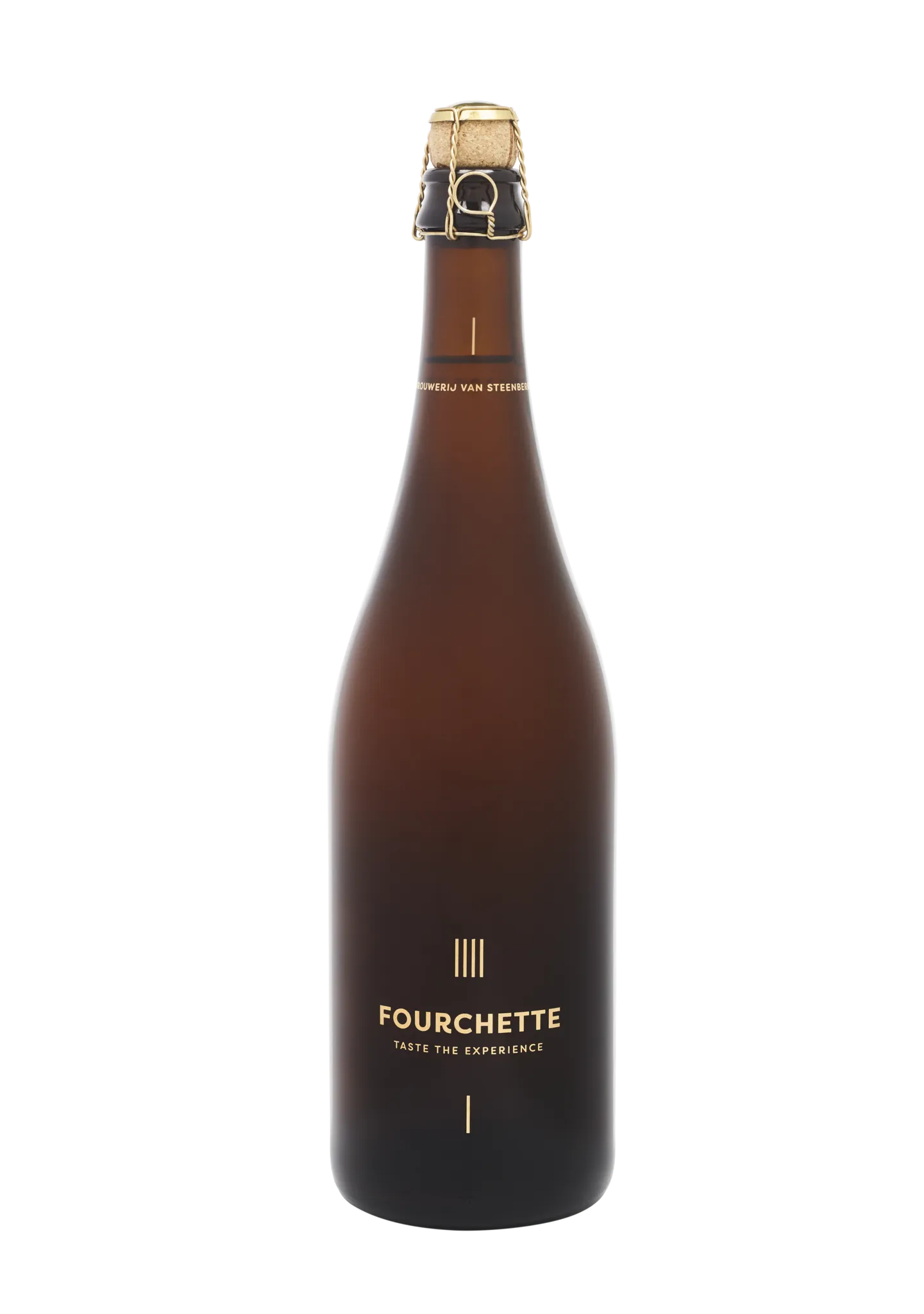 Elegante bruine bierfles van Fourchette met gouden opdruk en kurksluiting, verfijnd gastronomisch bier.