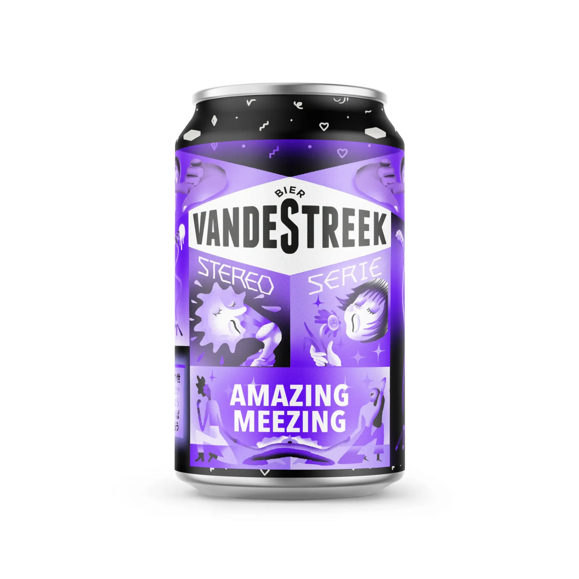 vandeStreek Amazing Meezing bier in paars bier blik met muzikale illustraties – vrolijk speciaalbier uit de Stereo Serie