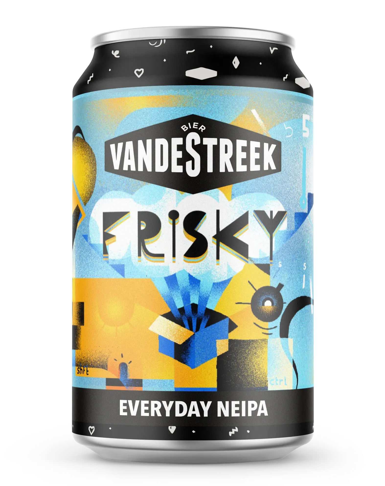 Kleurrijk blik Frisky bier van vandeStreek met speels design, fruitige en zachte Everyday NEIPA bier vol juicy bierkarakter.