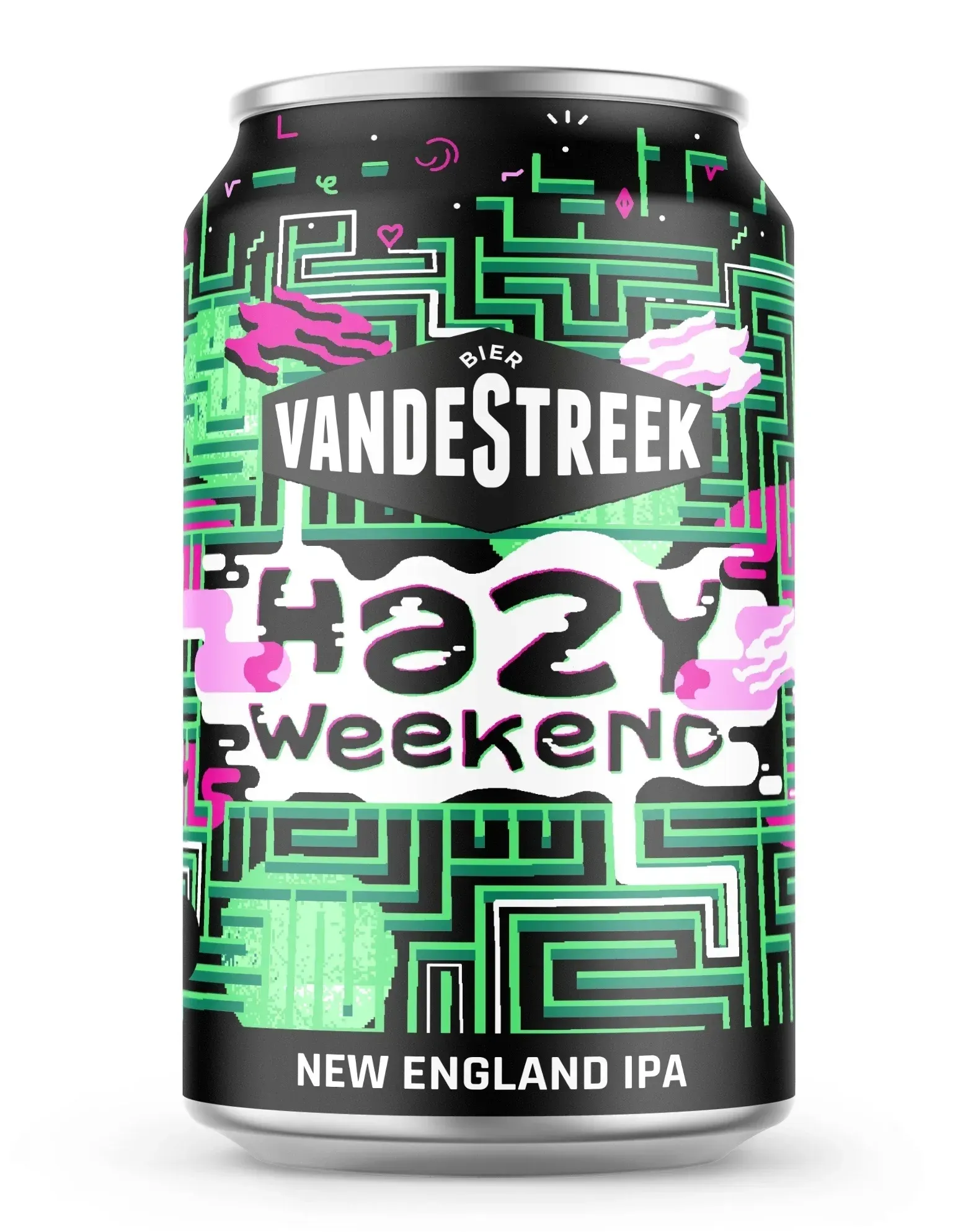 Donker bierblik vandeStreek Hazy Weekend met neon groene en roze pixelprint; New England IPA bier met funky uitstraling.
