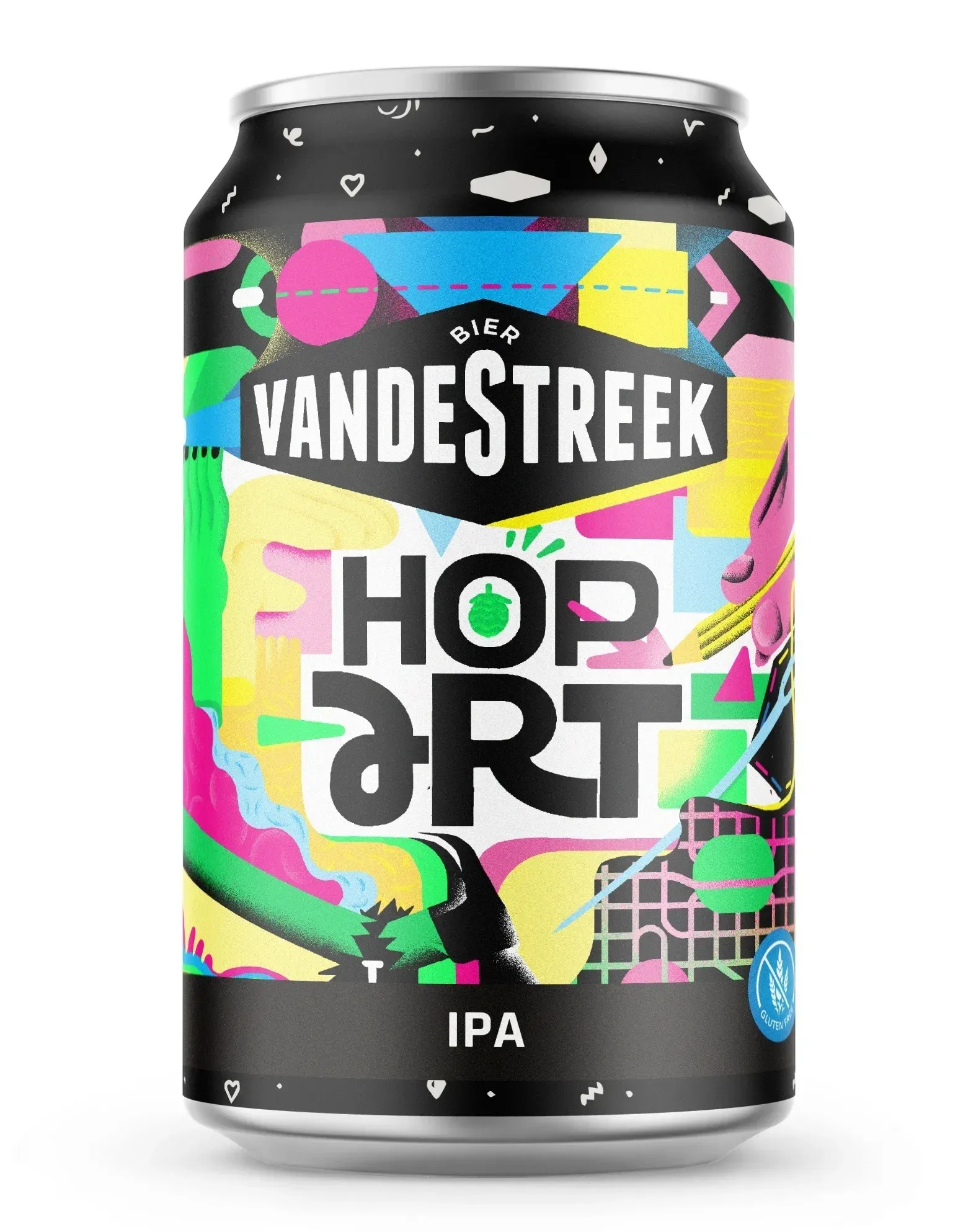 Kleurrijk bier blikje van vandeStreek met  het opschrift Hop Art, IPA bier met speelse en artistieke uitstraling