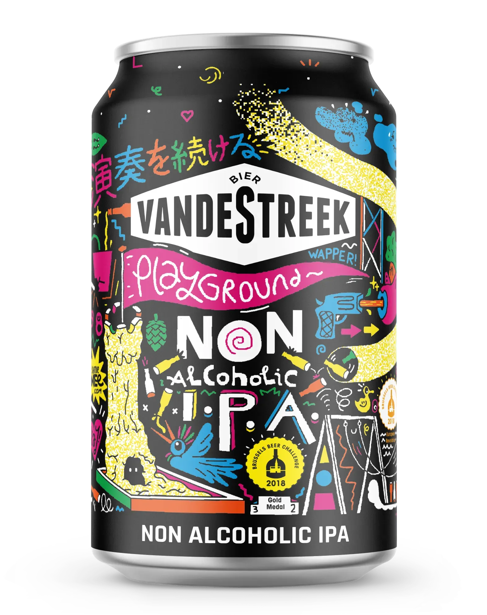 Playground bier van Vandestreek – alcoholvrije IPA  bier in kleurrijk blik met , tropisch fruit en hoppige frisheid.