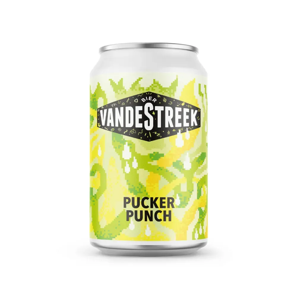 Blik Vandestreek Pucker Punch bier met pixelachtige gele en groene illustratie, verfrissend zuur bier.