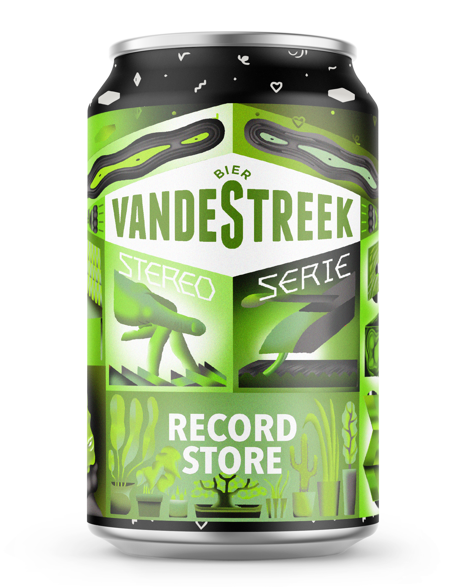 groen blik vandestreek bier uit de stereo serie met illustraties en de tekst record store op het etiket