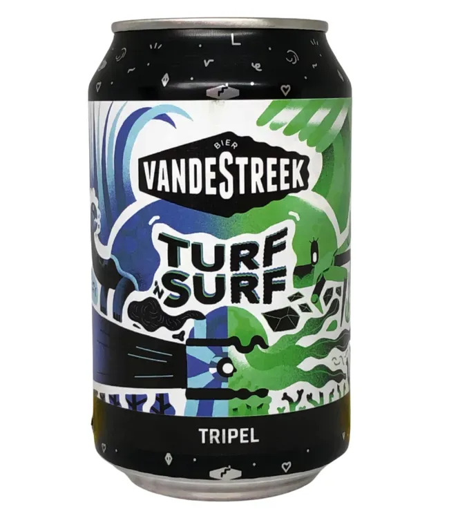 Blikje tripel bier van vandeStreek met kleurrijk stripachtig etiket, groene golven en Turf Surf in grote letters